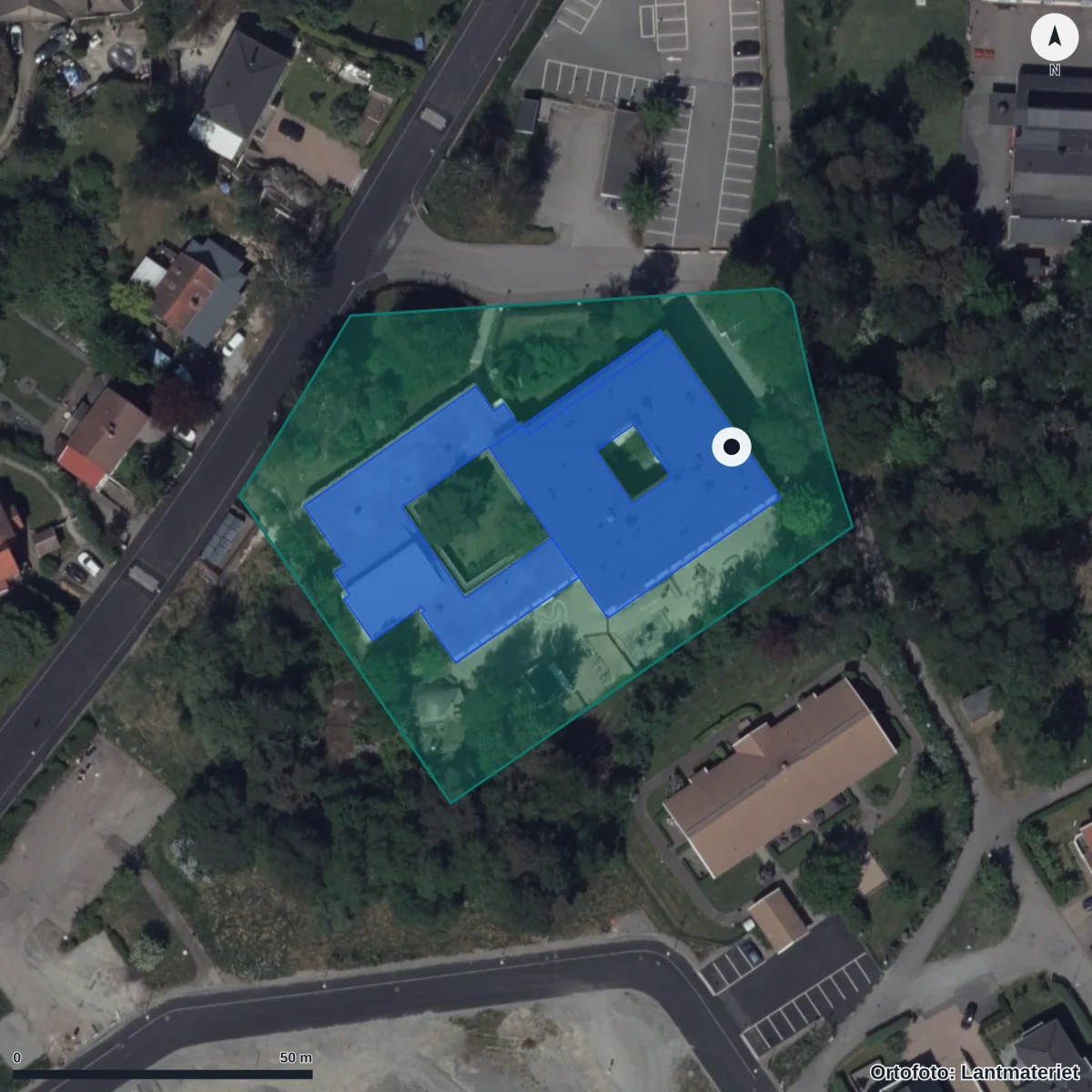 Flygbild över Johannesgården, ortofoto från Lantmäteriet