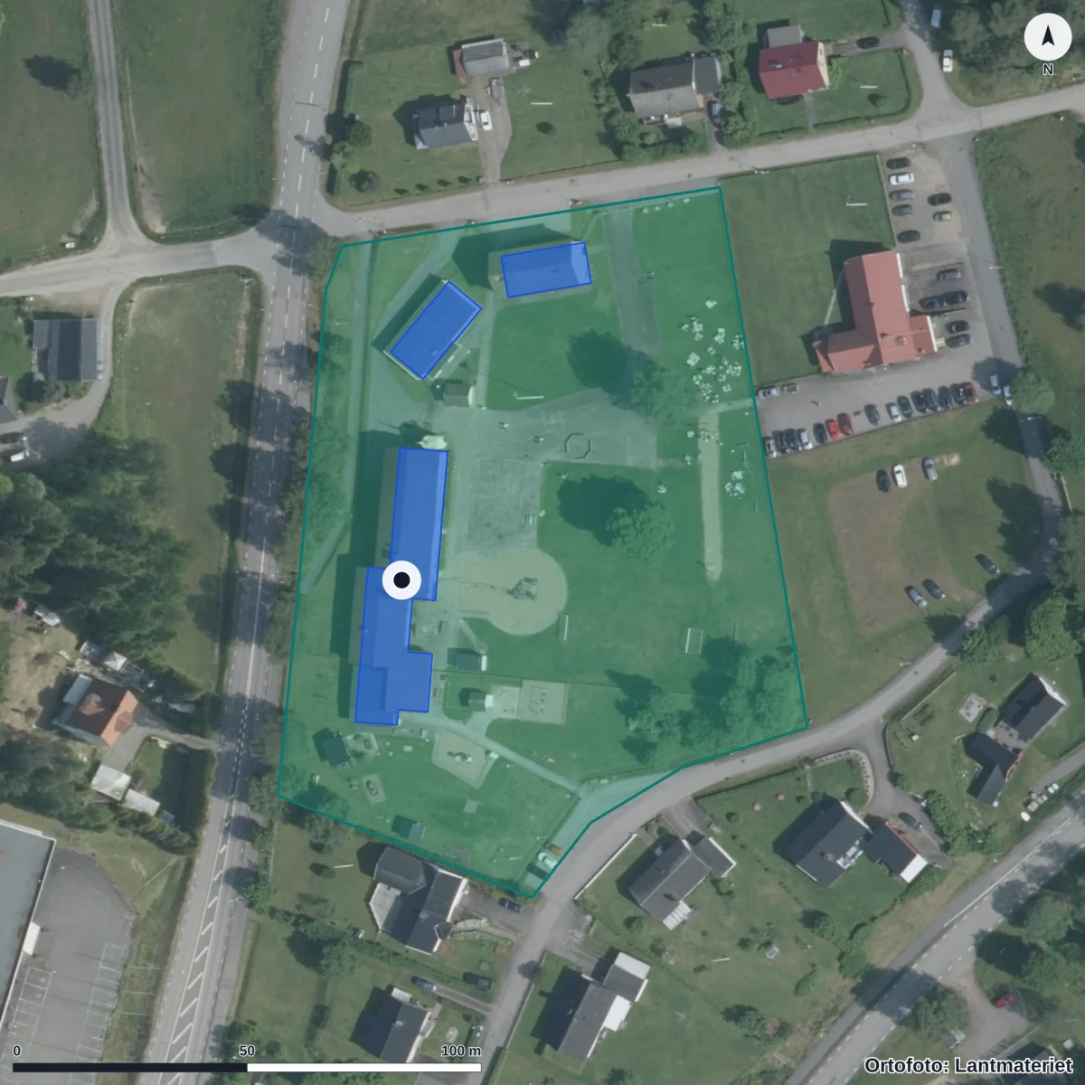 Flygbild över Skogskojans Förskola, ortofoto från Lantmäteriet