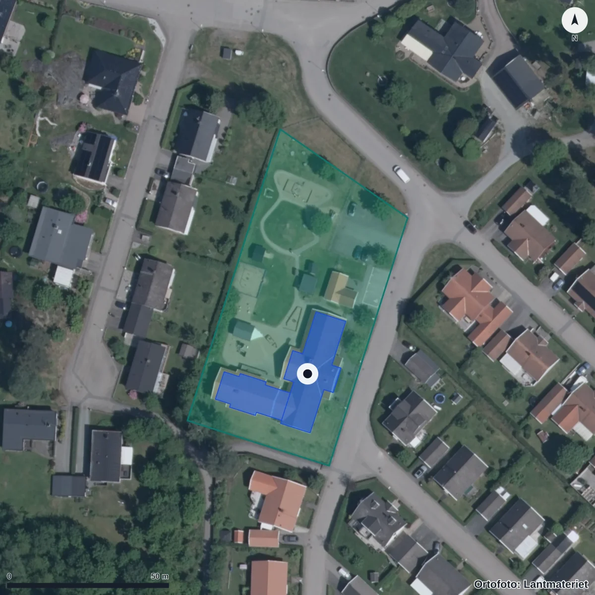 Flygbild över Förskolan Paletten, ortofoto från Lantmäteriet