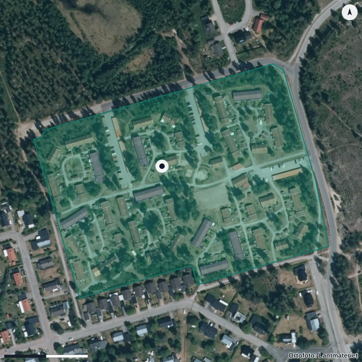 Flygbild över Förskolan Myrgränd, ortofoto från Lantmäteriet