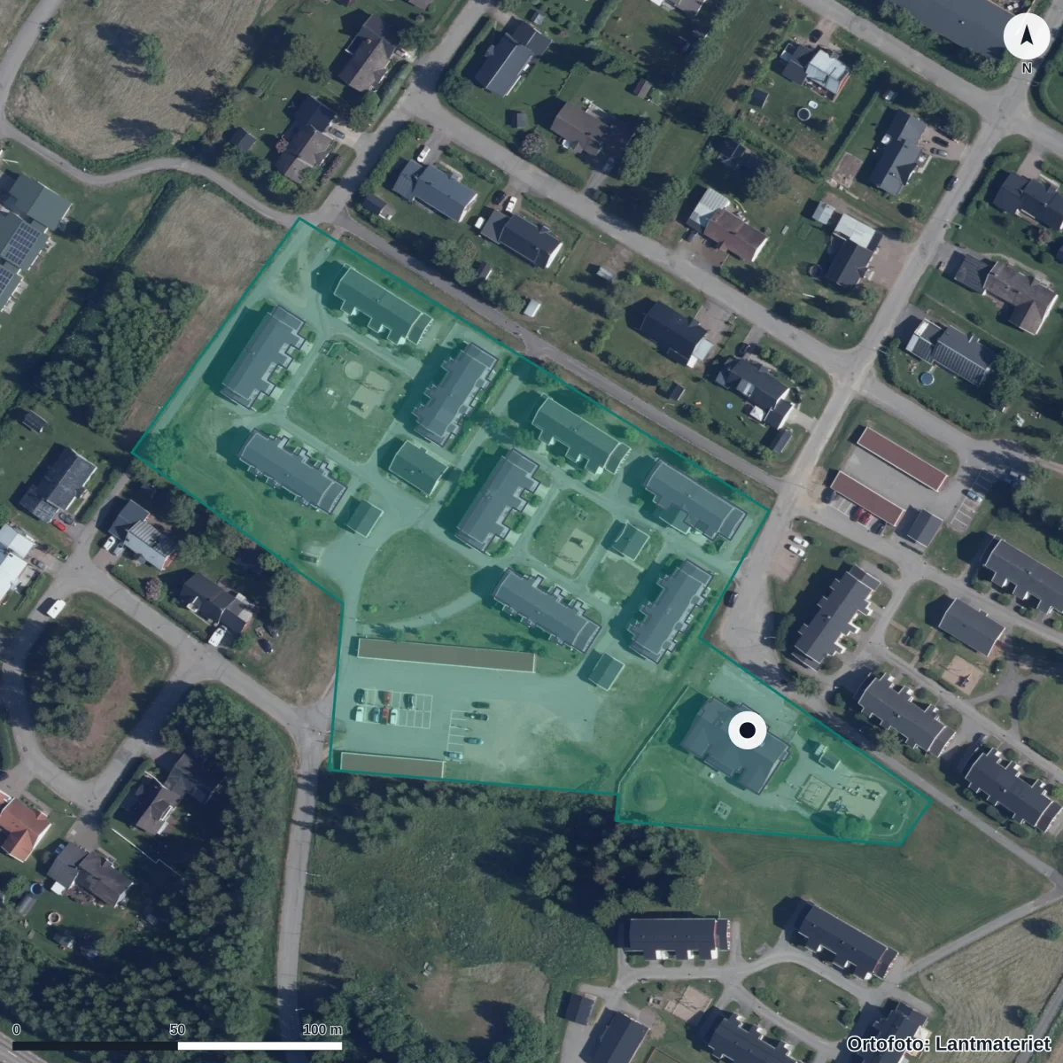 Flygbild över Kvarnens Förskola, ortofoto från Lantmäteriet