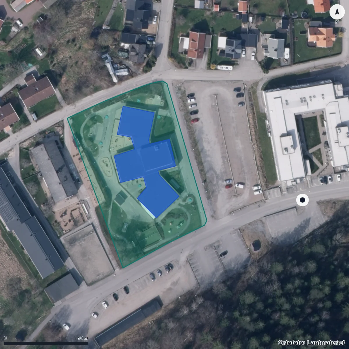 Aerial view of Orust Montessori, orthophoto from Lantmäteriet