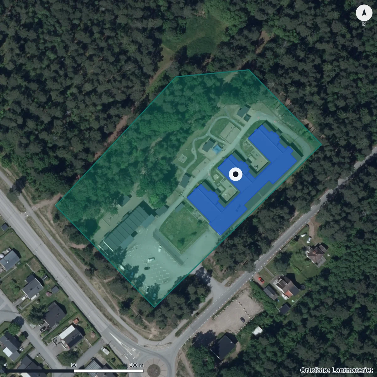 Flygbild över Lundens Förskola, ortofoto från Lantmäteriet