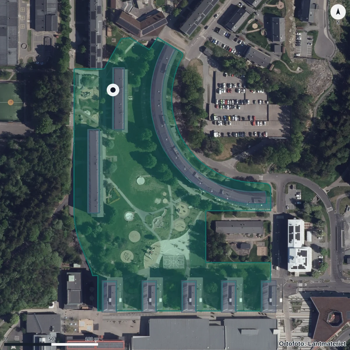Aerial view of Nymånen Förskola, orthophoto from Lantmäteriet
