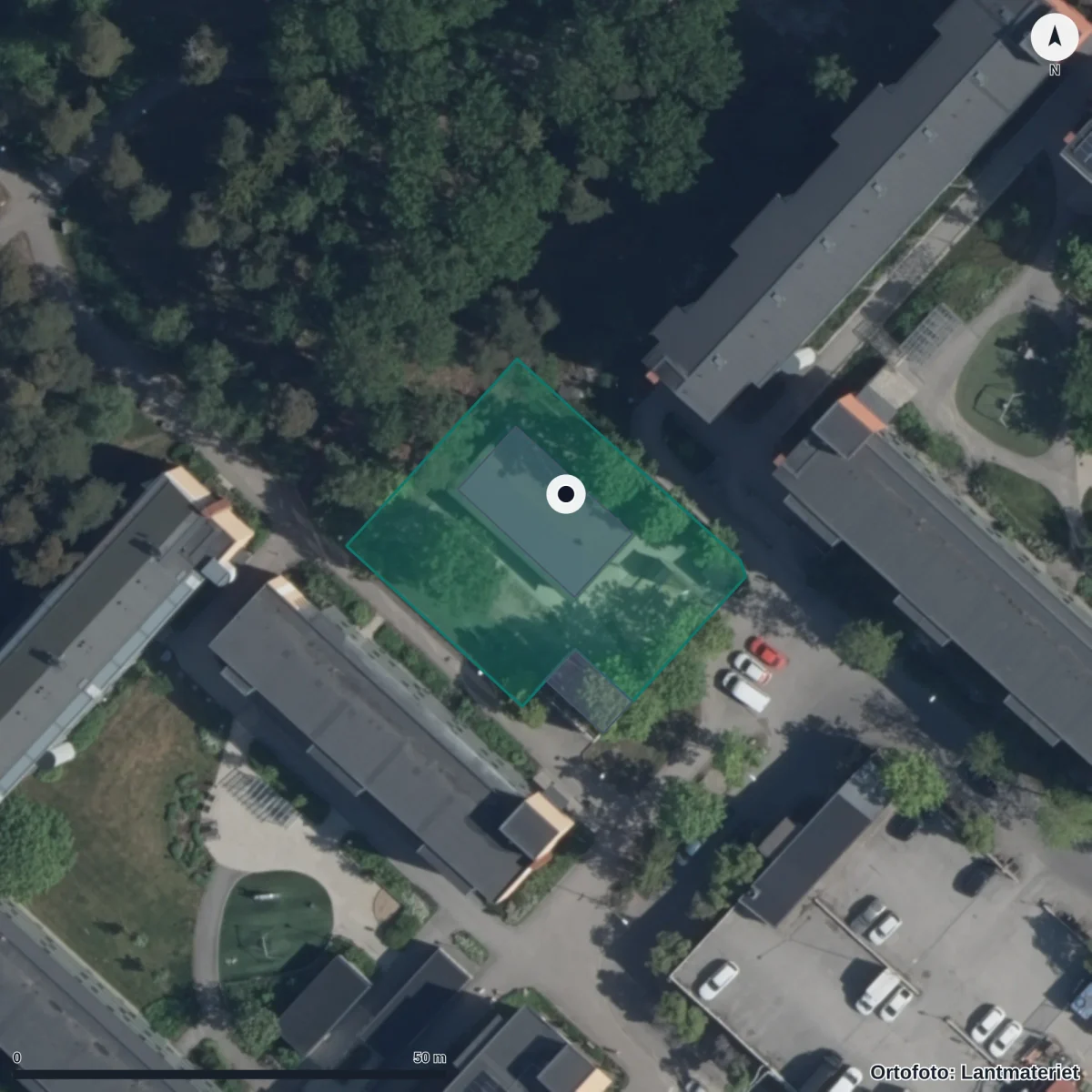 Flygbild över Förskolan Perifrasen, ortofoto från Lantmäteriet