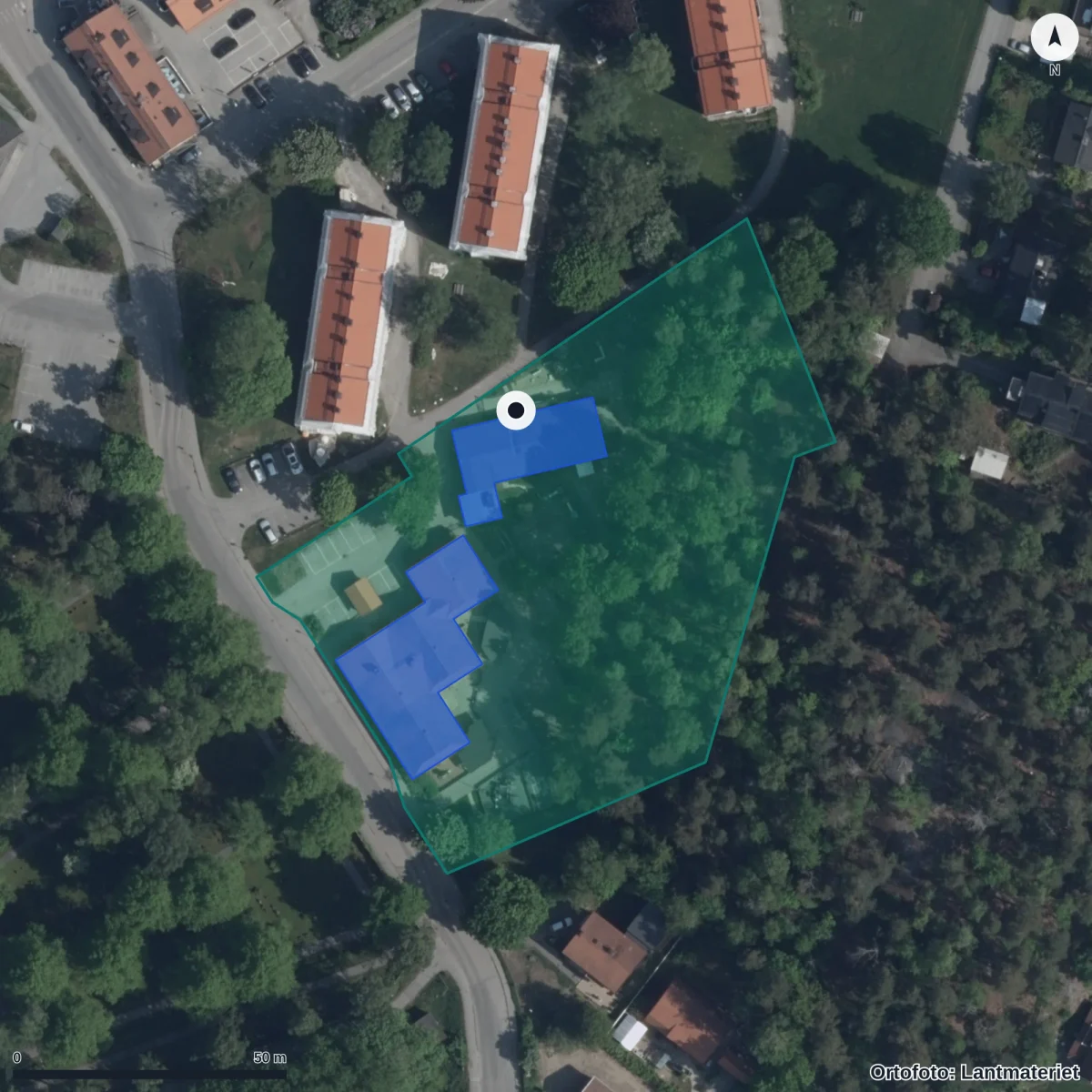 Flygbild över Guldgruvan Förskola, ortofoto från Lantmäteriet