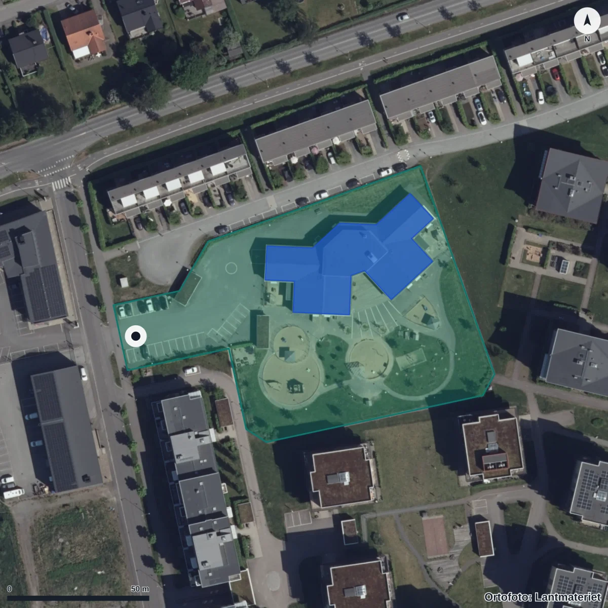 Aerial view of Stallbackens Förskola, orthophoto from Lantmäteriet