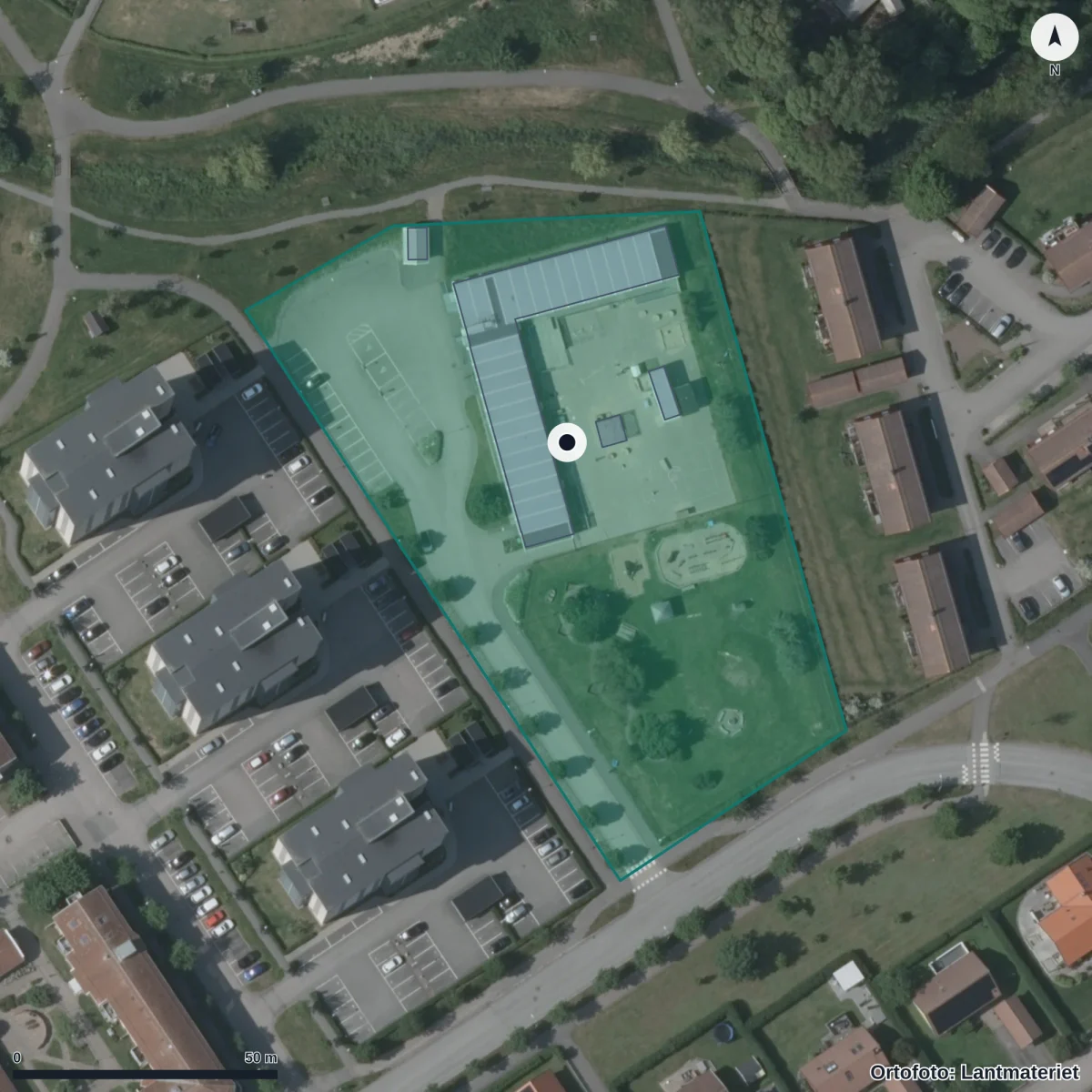 Aerial view of Tullbro Förskola, orthophoto from Lantmäteriet