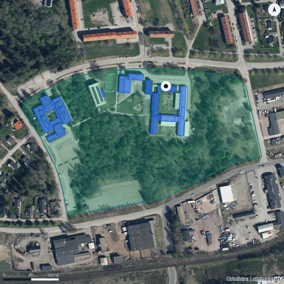 Flygbild över Igelkotten Förskola, ortofoto från Lantmäteriet