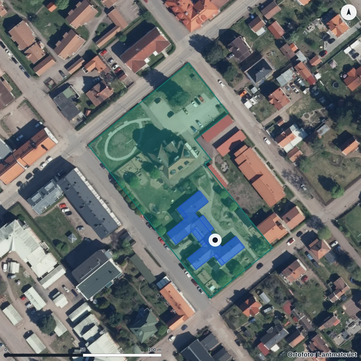 Flygbild över Centrala Förskolan Prästkragen, ortofoto från Lantmäteriet