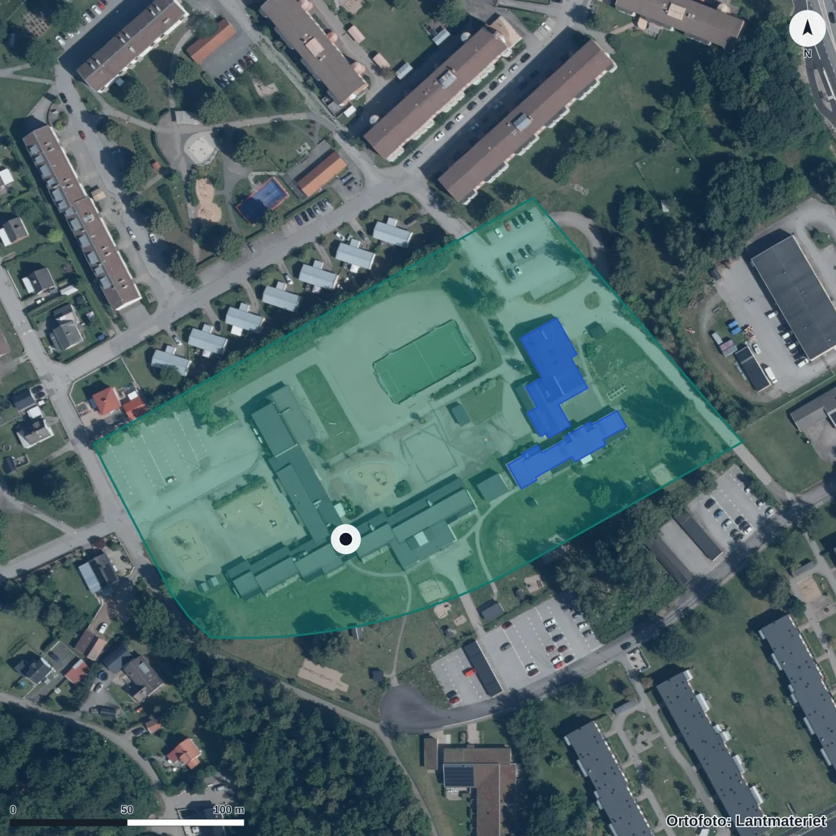 Flygbild över Ekeryds Förskola, ortofoto från Lantmäteriet