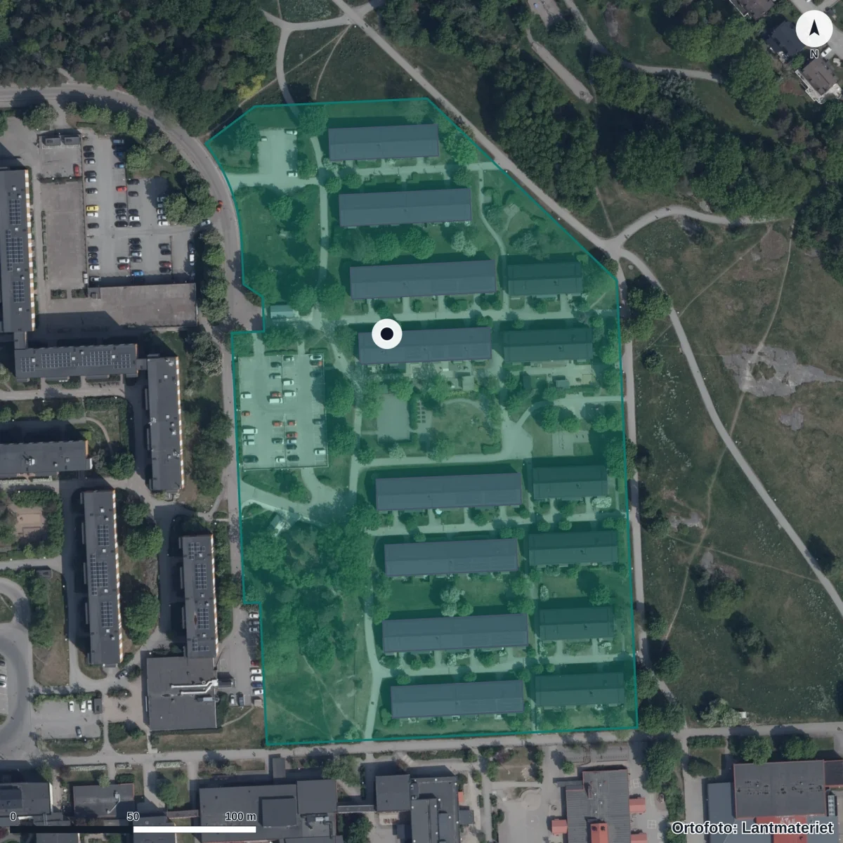 Flygbild över I Ur Och Skur Skogsgläntan, ortofoto från Lantmäteriet