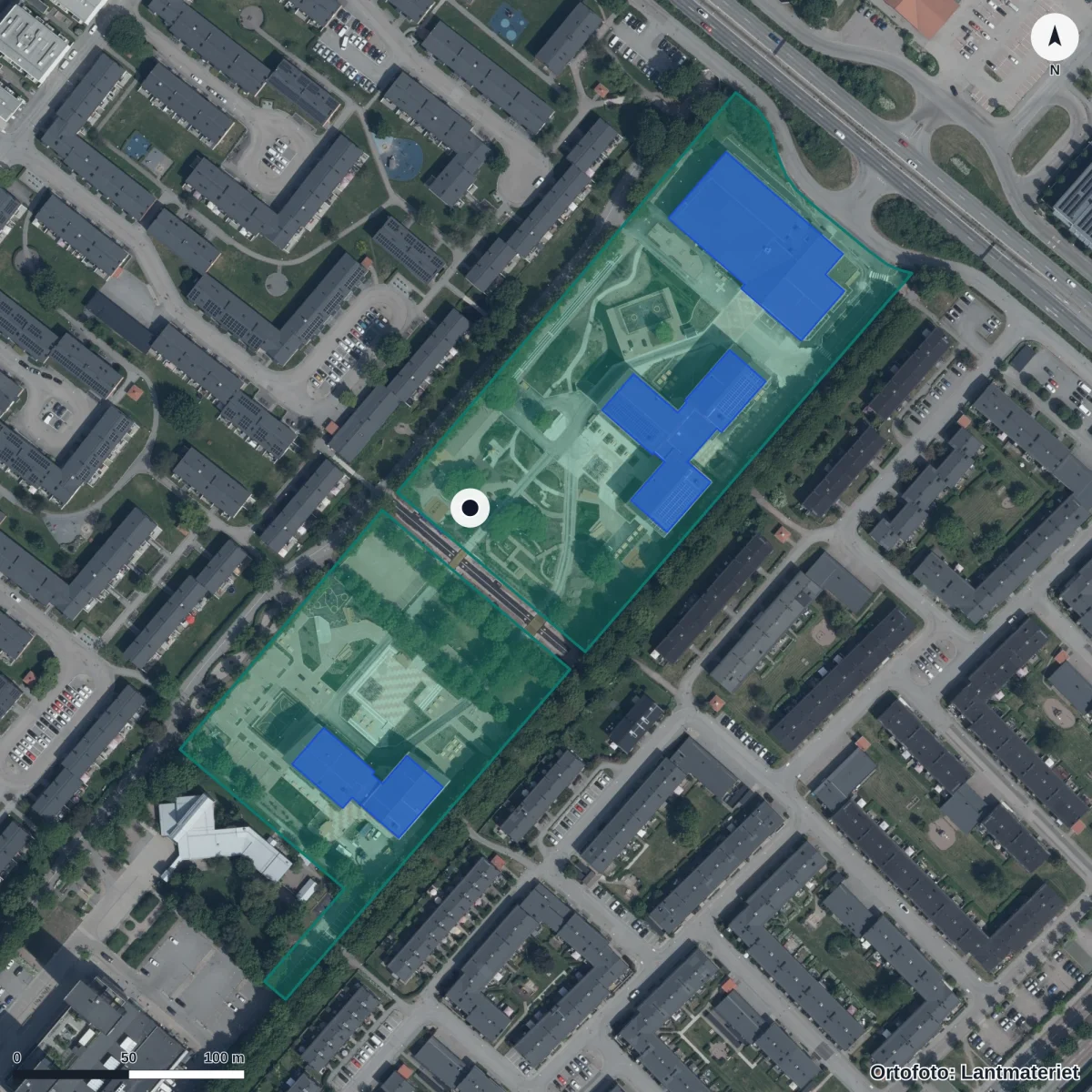 Flygbild över Rackarbergets Förskola, ortofoto från Lantmäteriet