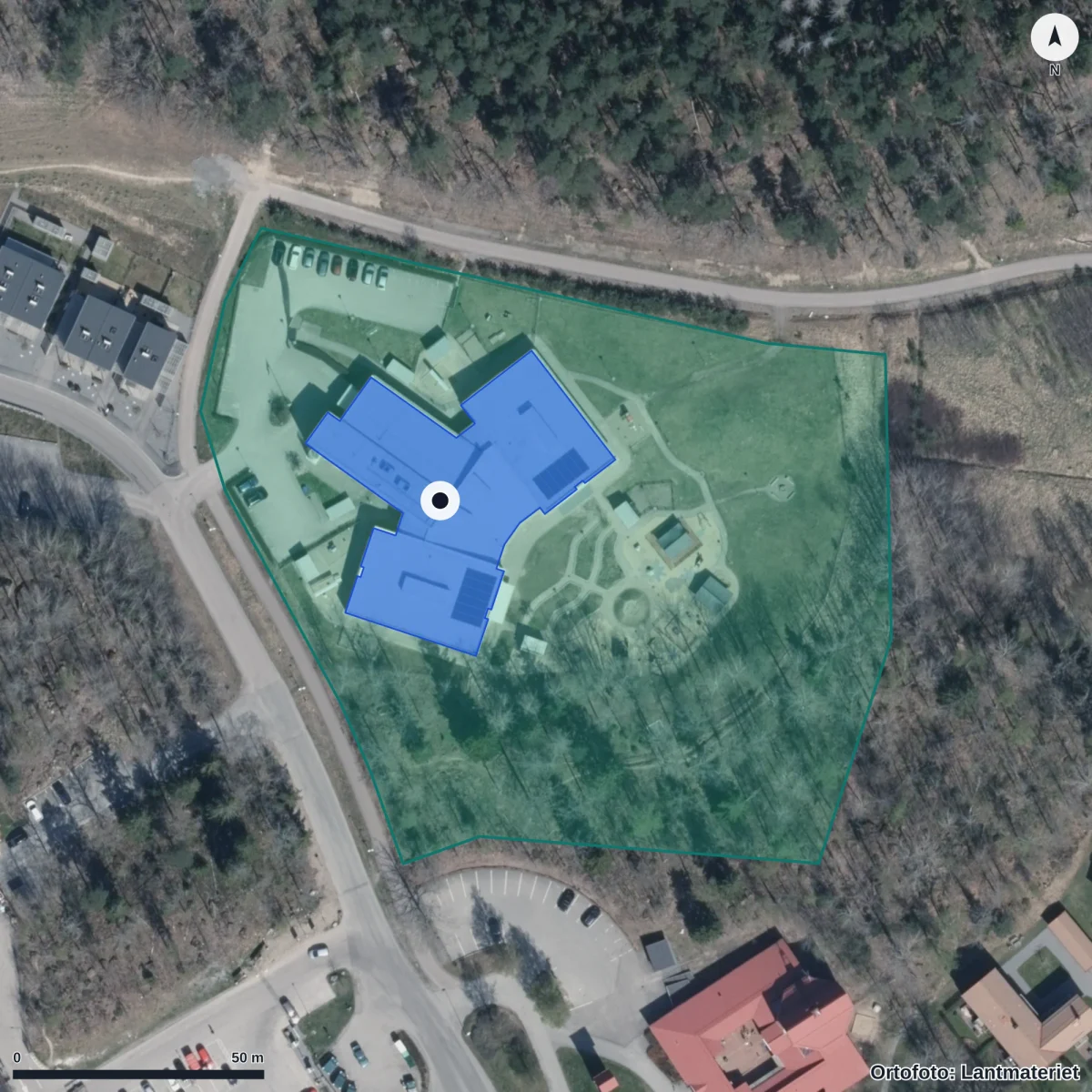 Flygbild över Stenby Förskola, ortofoto från Lantmäteriet