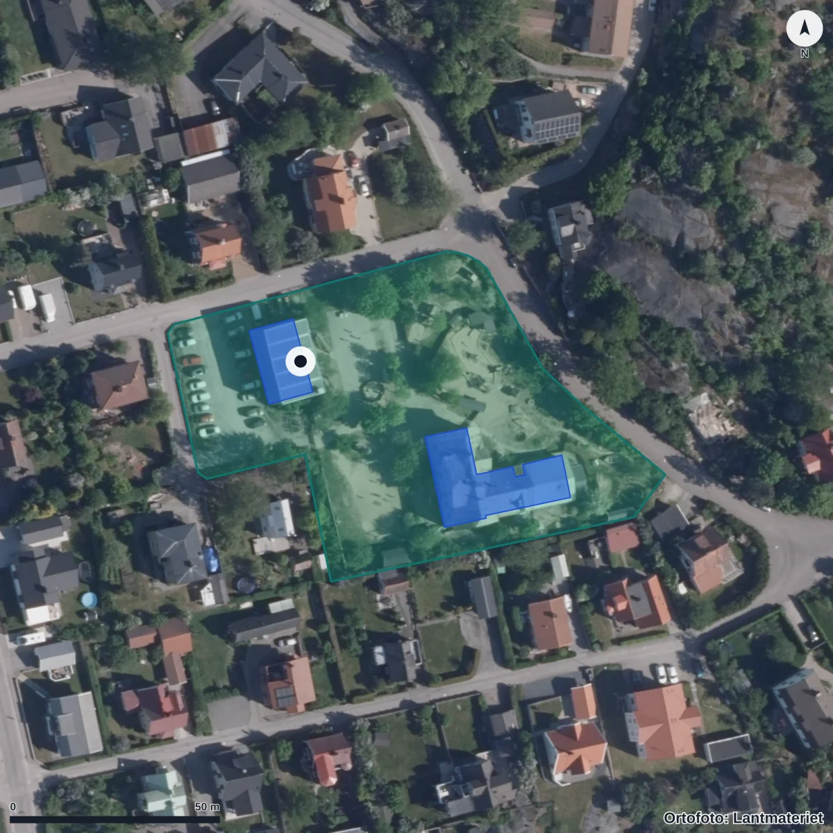 Flygbild över Daggkåpans Förskola, ortofoto från Lantmäteriet