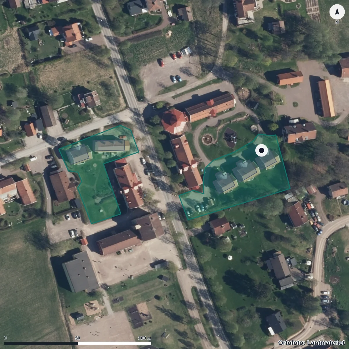 Flygbild över Norra Förskolan Äppelgården, ortofoto från Lantmäteriet