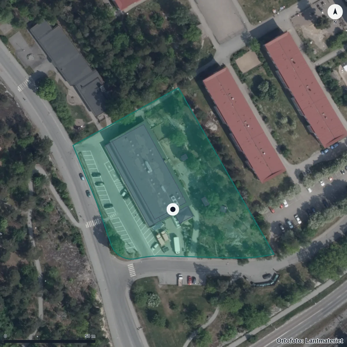 Flygbild över Ljungbackens Förskola, ortofoto från Lantmäteriet