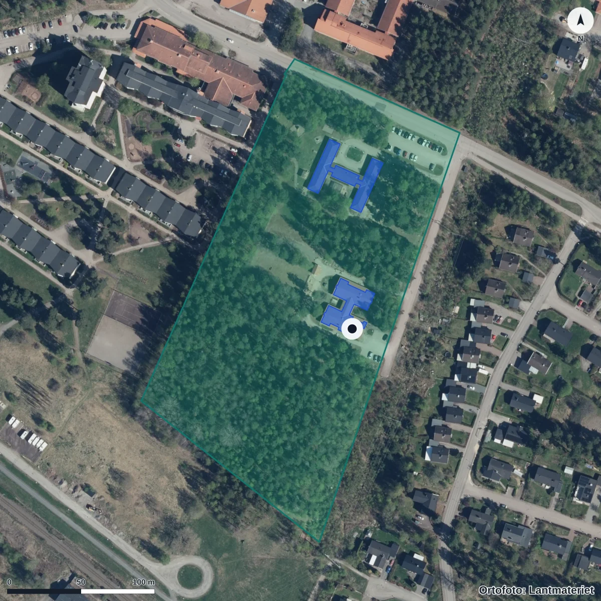 Flygbild över Förskolan Lunden, ortofoto från Lantmäteriet