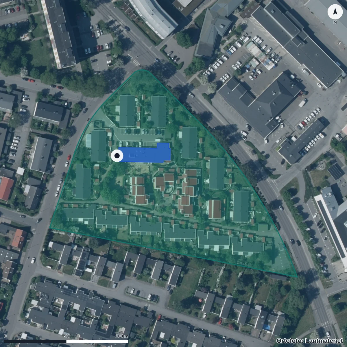 Flygbild över Förskolan Blomman I Lund,ekonomisk Förening, ortofoto från Lantmäteriet