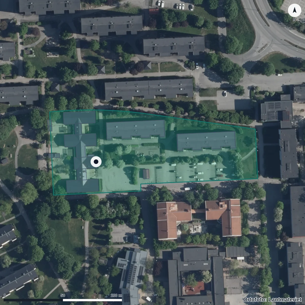 Flygbild över Mjölnarens Förskola ,k,, ortofoto från Lantmäteriet