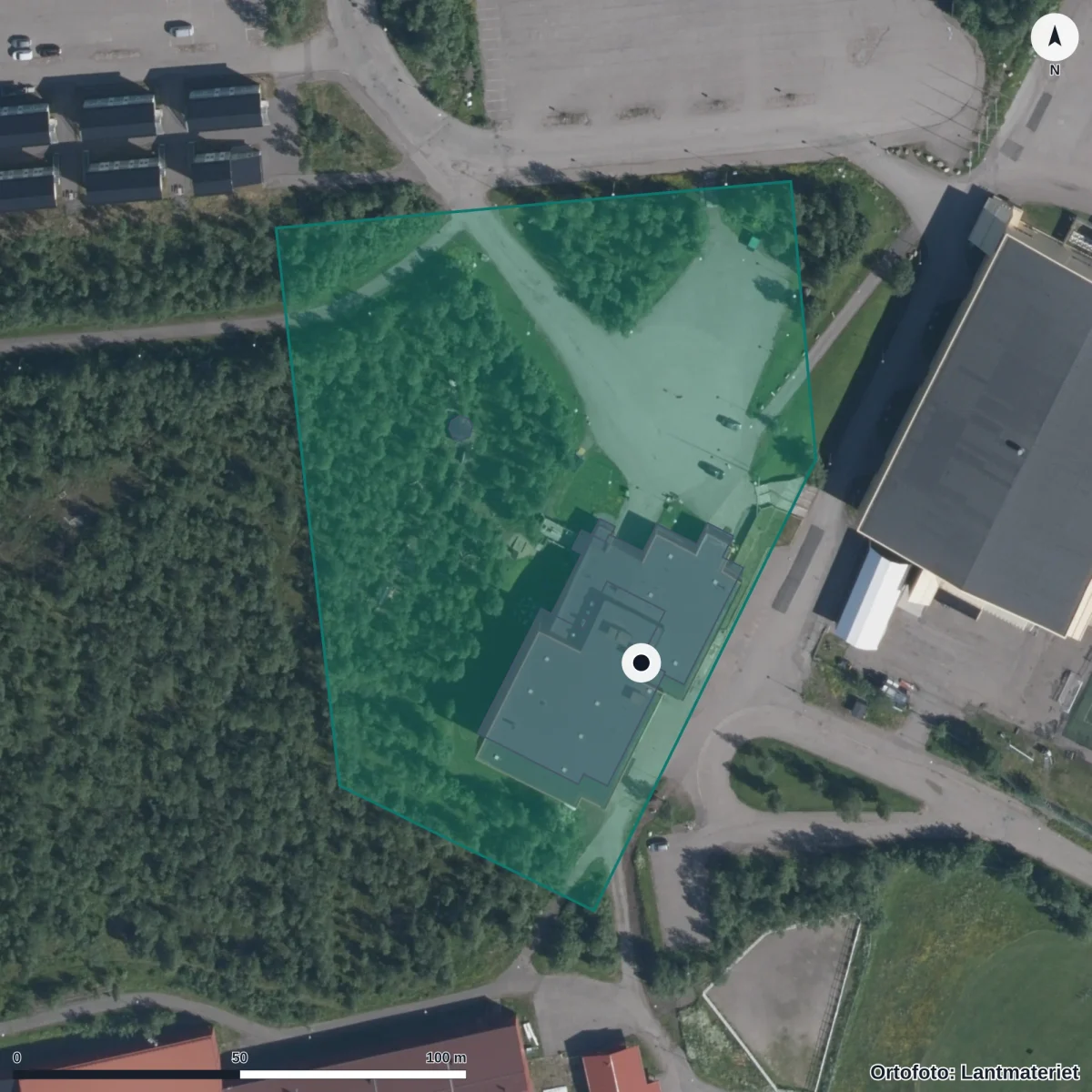Flygbild över Förskolan Fjällbjörken, ortofoto från Lantmäteriet