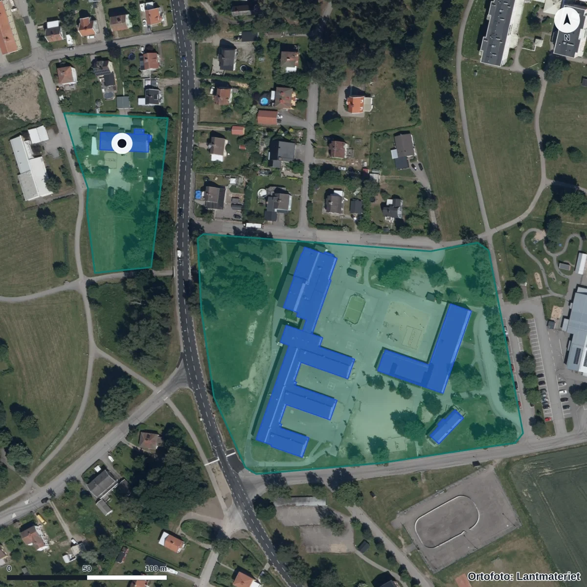 Flygbild över Källstugans Förskola, ortofoto från Lantmäteriet