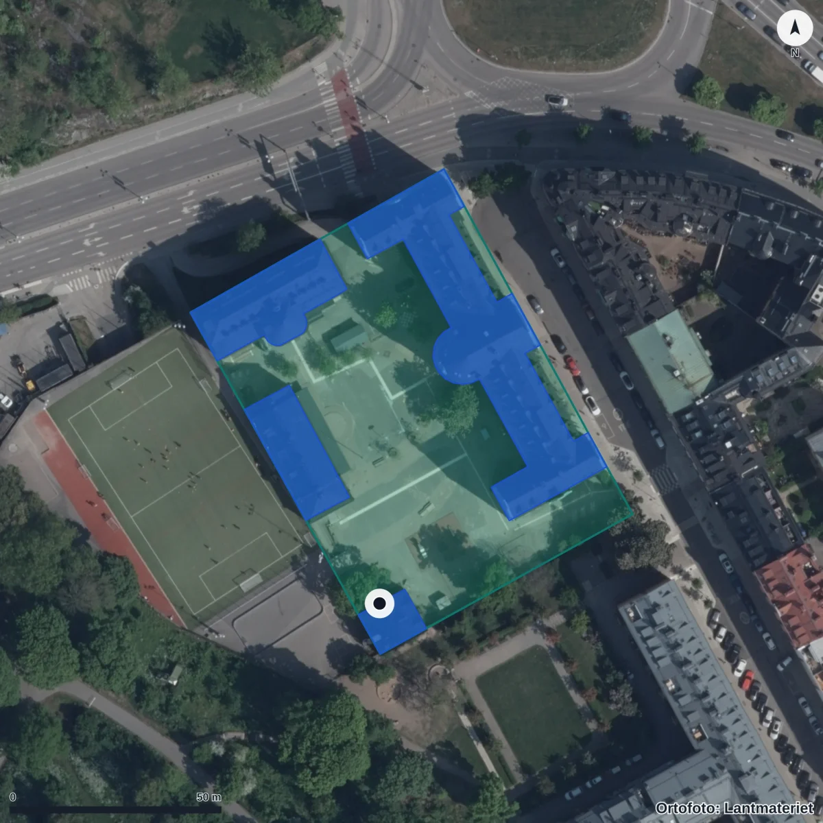 Aerial view of Vanadislundens Waldorfförskola, orthophoto from Lantmäteriet