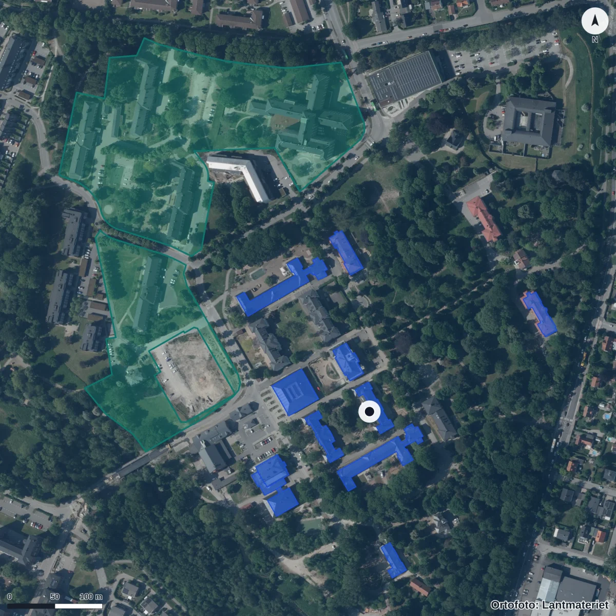 Flygbild över Förskolan Freinet, ortofoto från Lantmäteriet