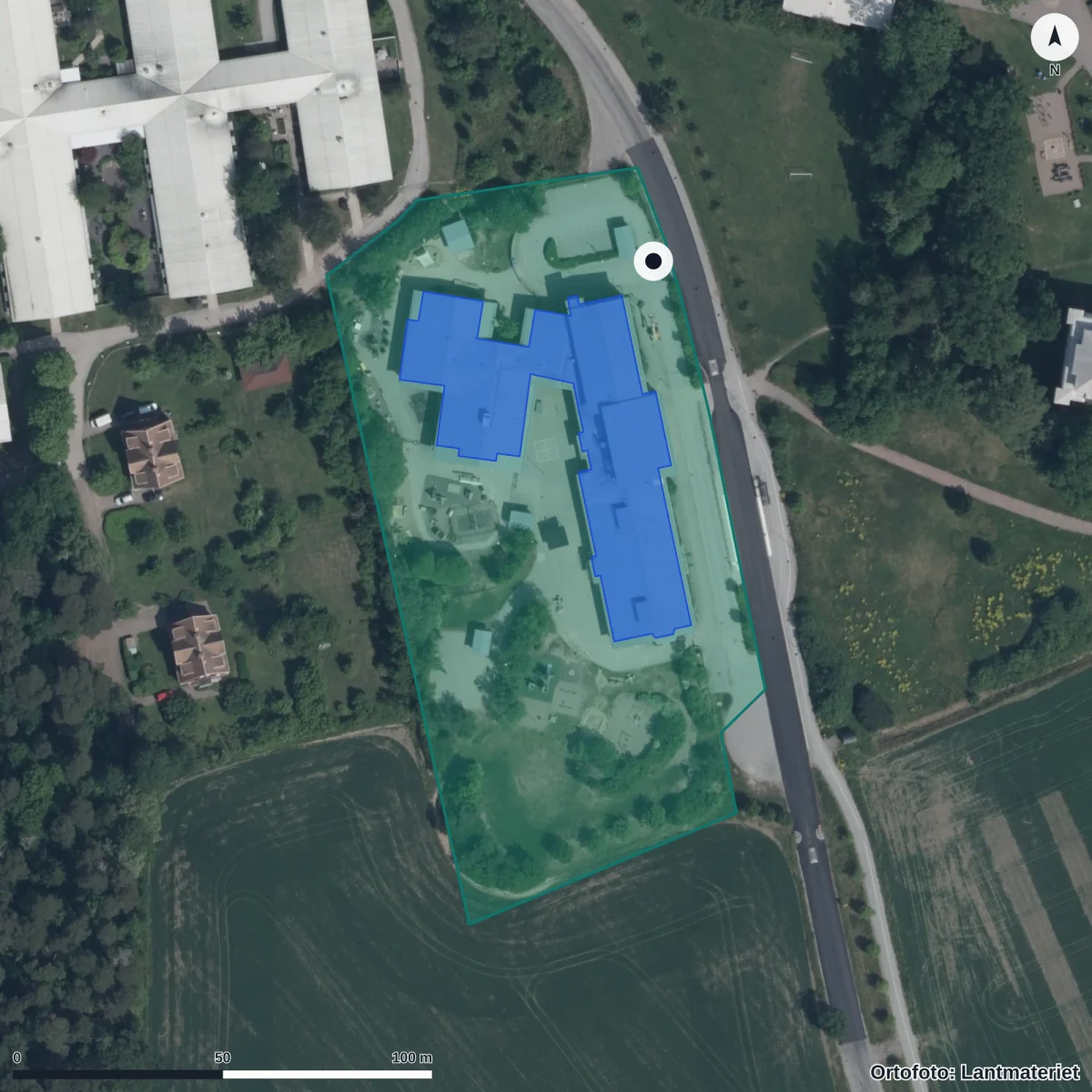 Flygbild över Lindparkens Förskola, ortofoto från Lantmäteriet