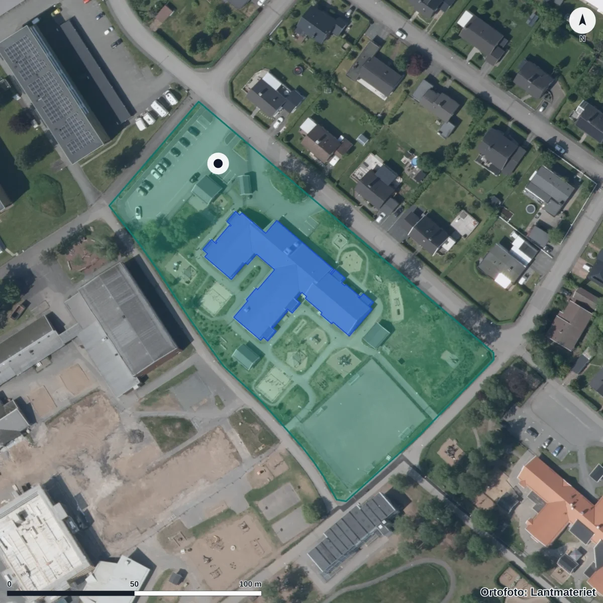 Flygbild över Handskeryds Norra Förskola, ortofoto från Lantmäteriet