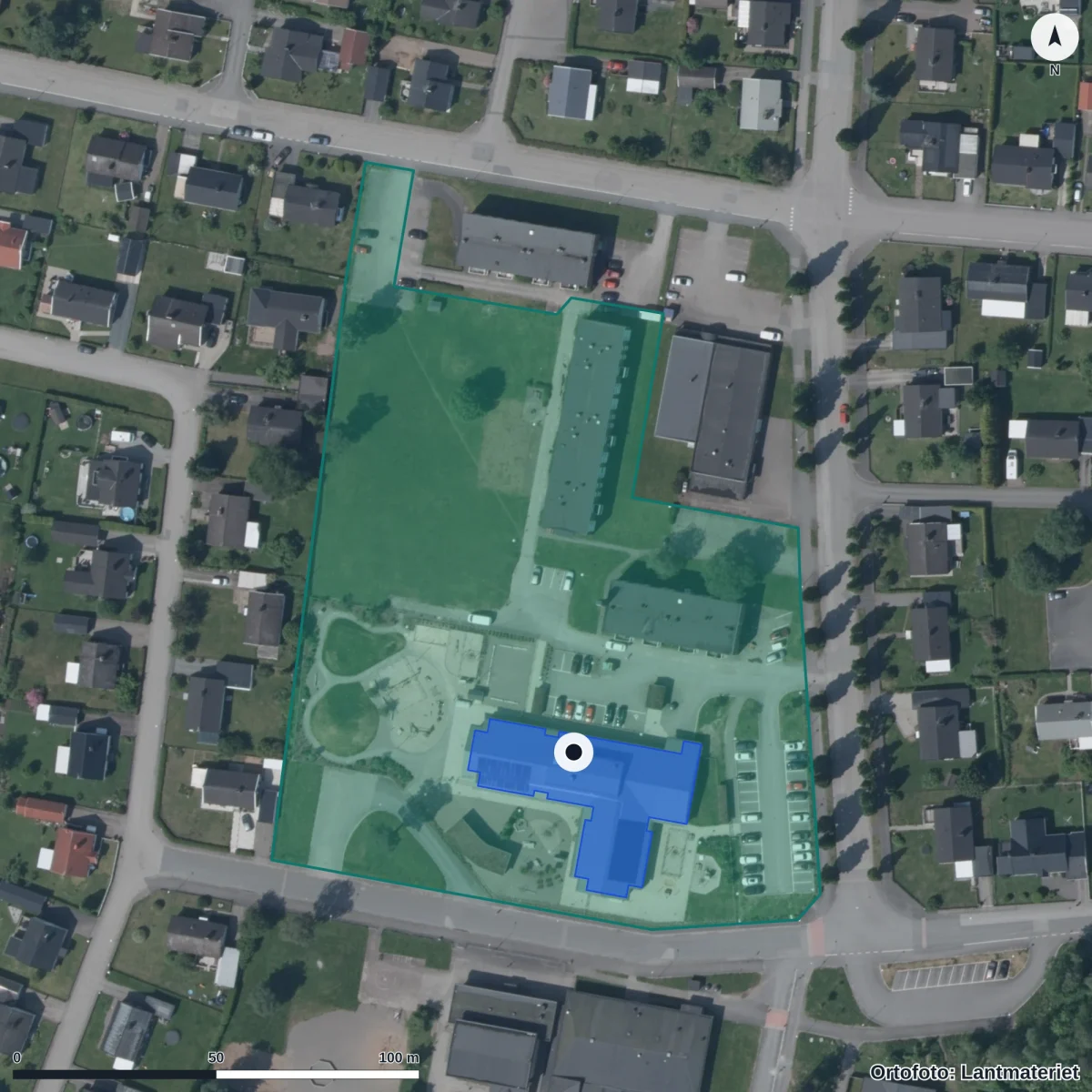 Flygbild över Förskolan Ripan, ortofoto från Lantmäteriet