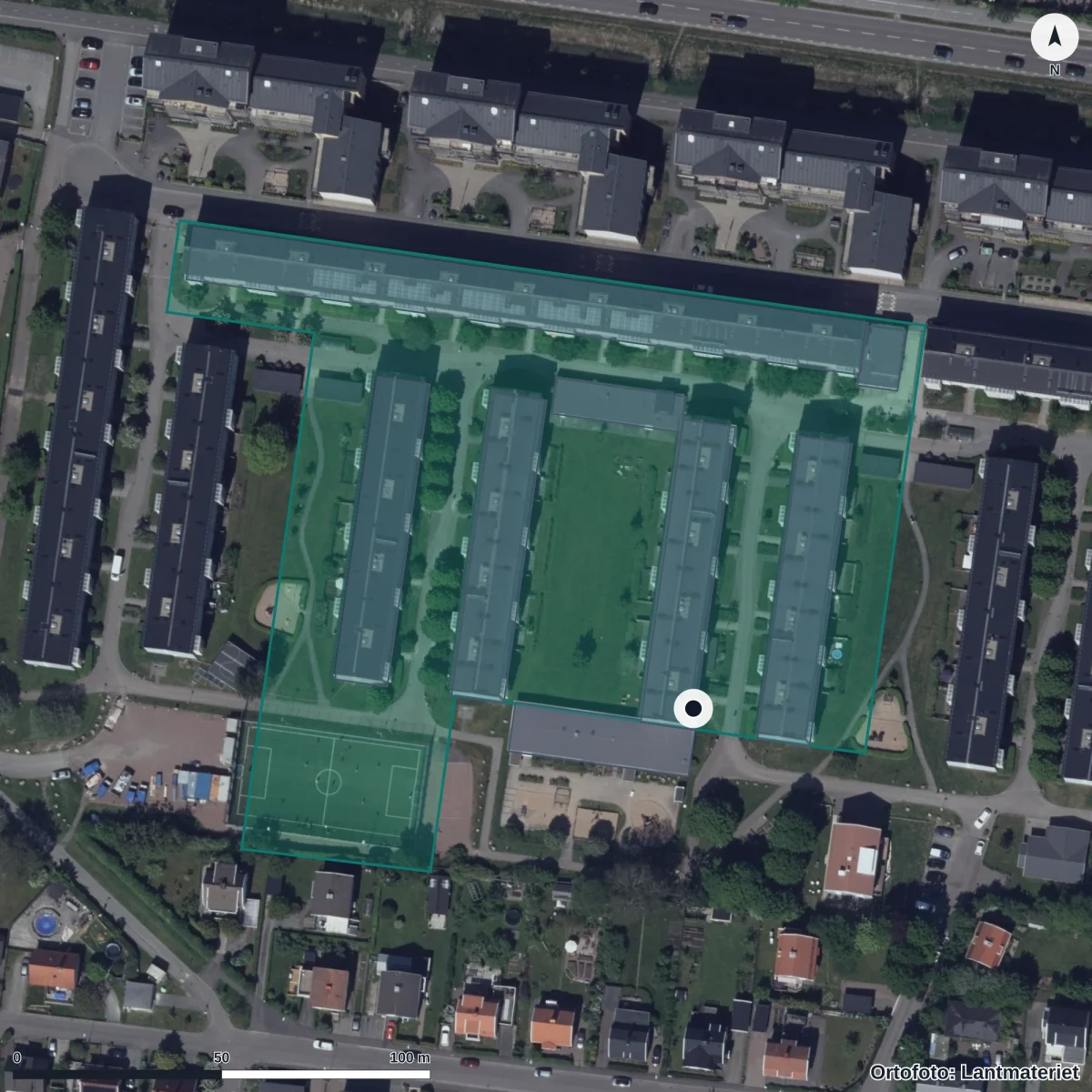 Flygbild över Förskolan Gryningen, ortofoto från Lantmäteriet