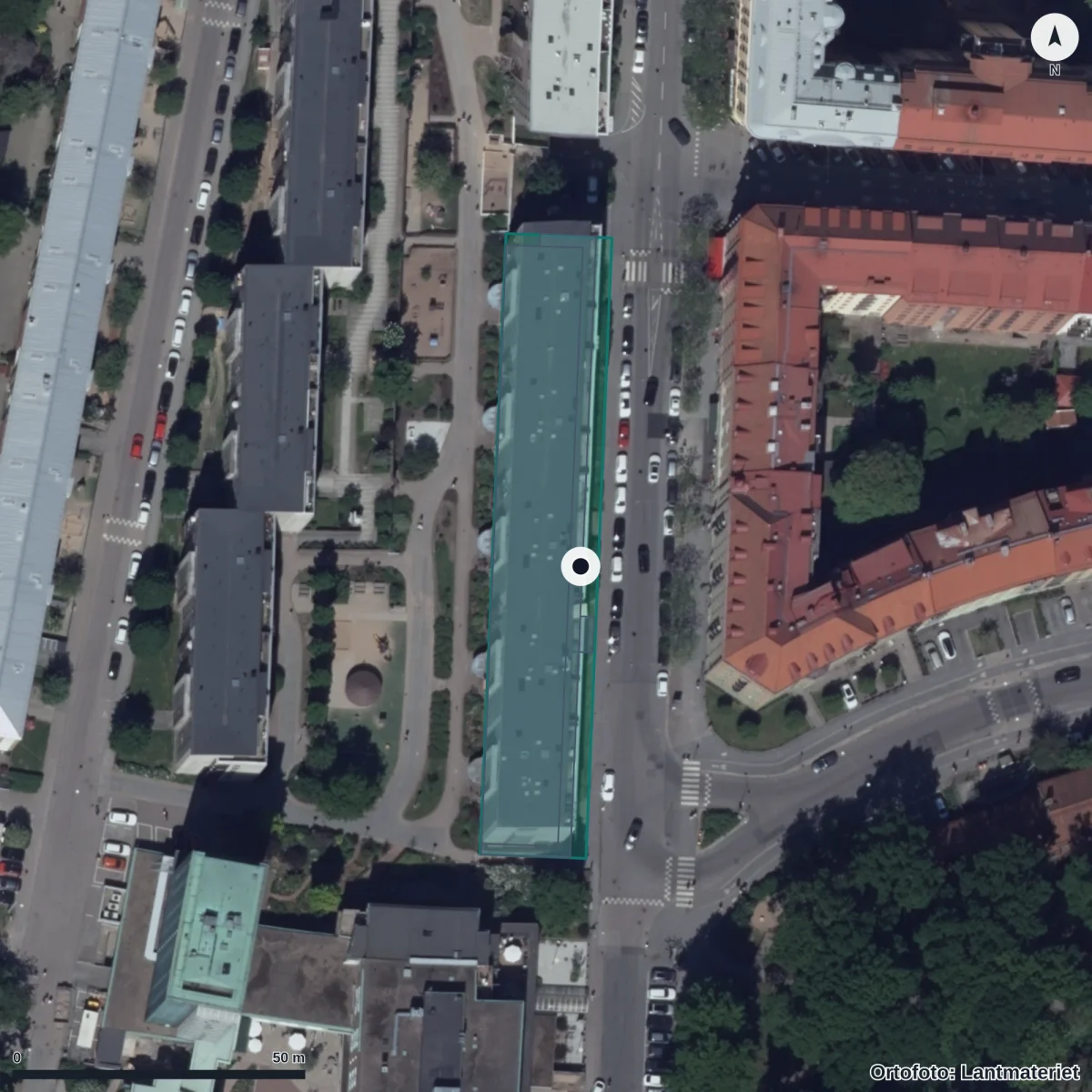 Flygbild över Freinetskolan Bild Och Form Masthugget KB, ortofoto från Lantmäteriet