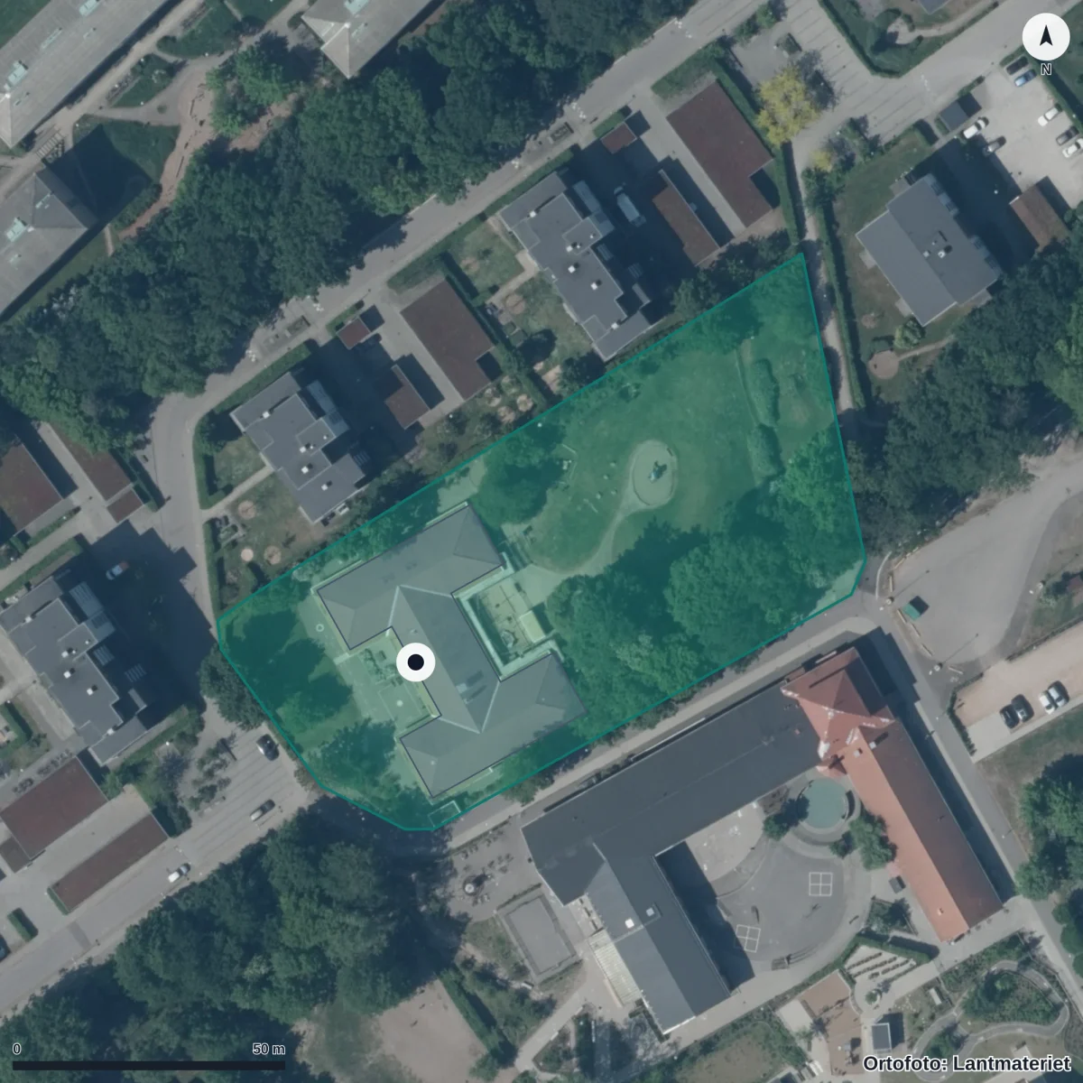 Flygbild över Östra Fäladens Förskola, ortofoto från Lantmäteriet