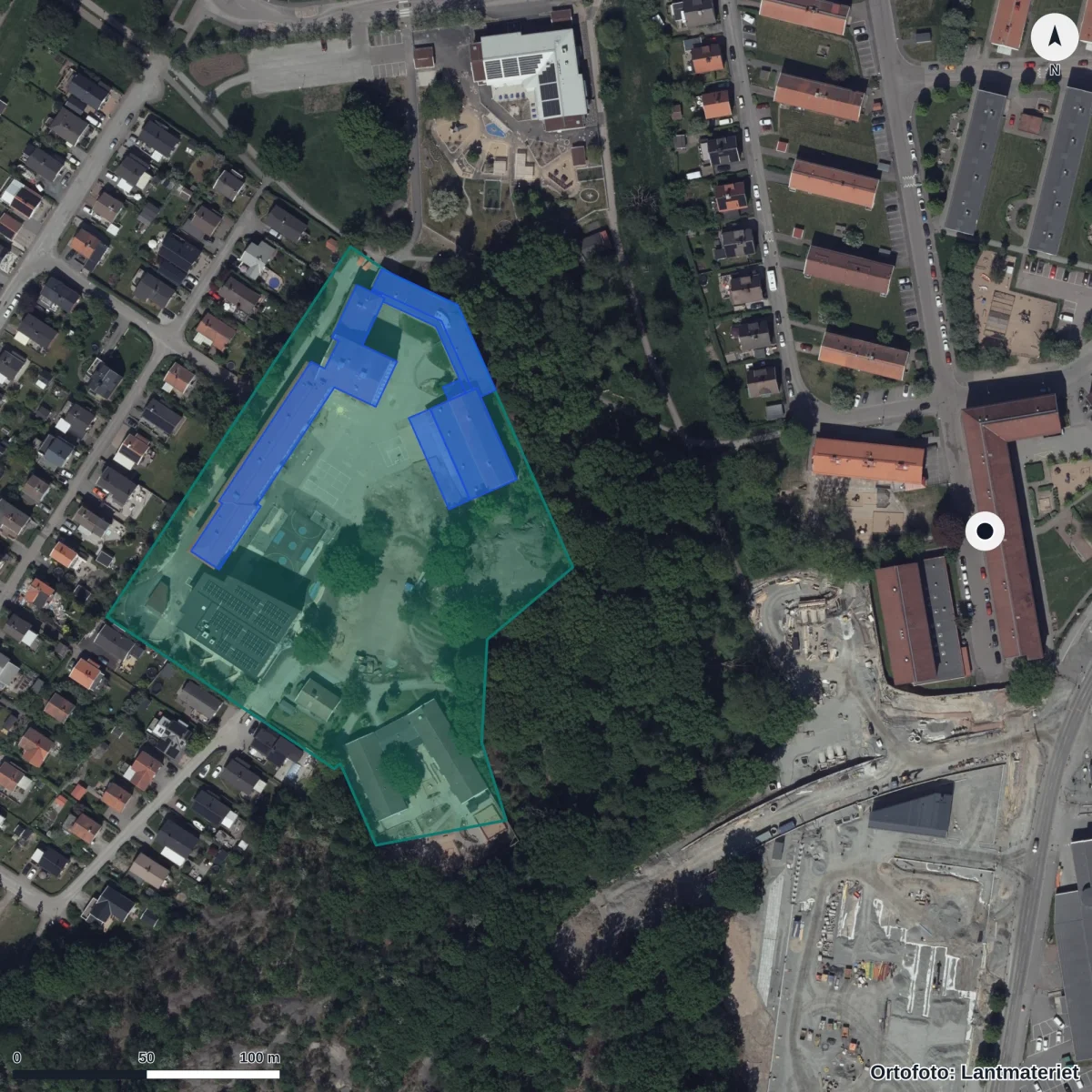 Flygbild över Tindra Lek&lärande, ortofoto från Lantmäteriet