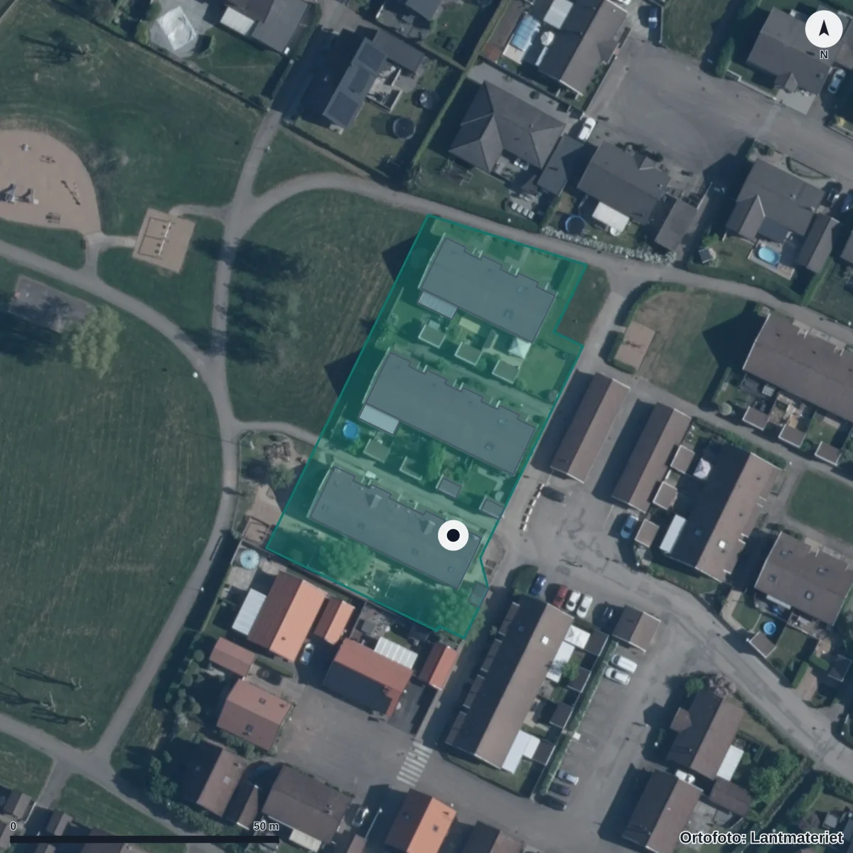 Flygbild över Gruvlyckans Förskola, ortofoto från Lantmäteriet