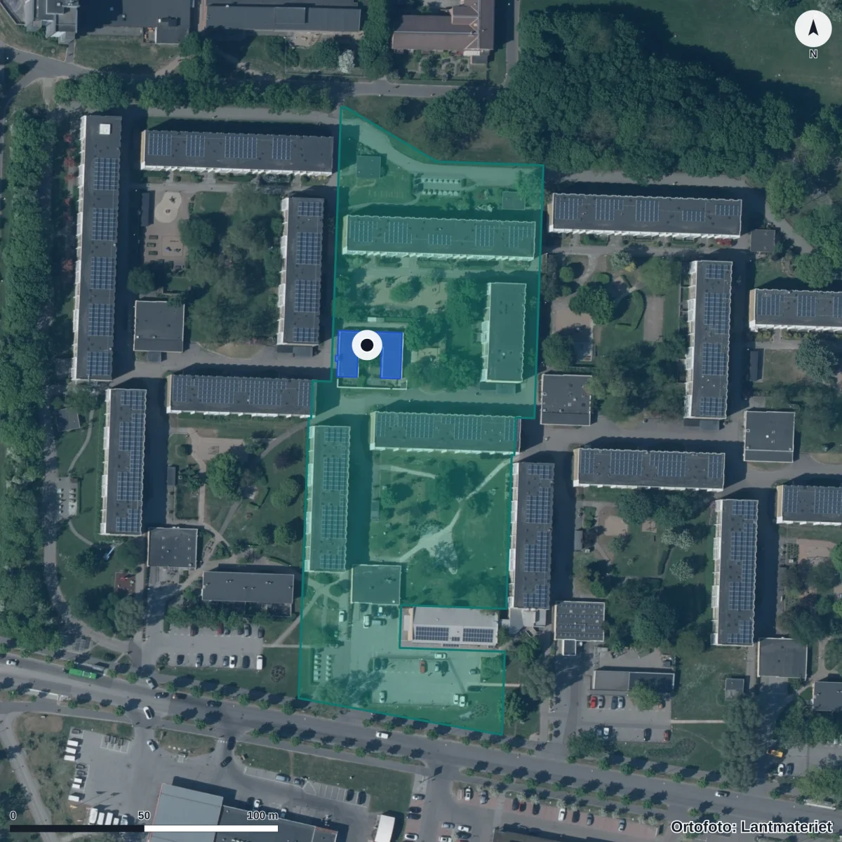 Flygbild över Lillskolan I Lund, ortofoto från Lantmäteriet