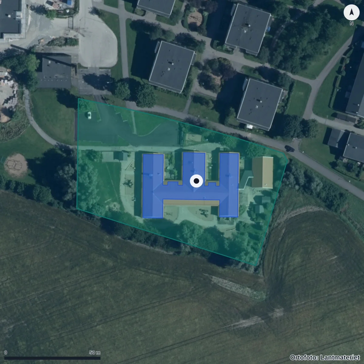 Aerial view of Munkebo Förskola, orthophoto from Lantmäteriet