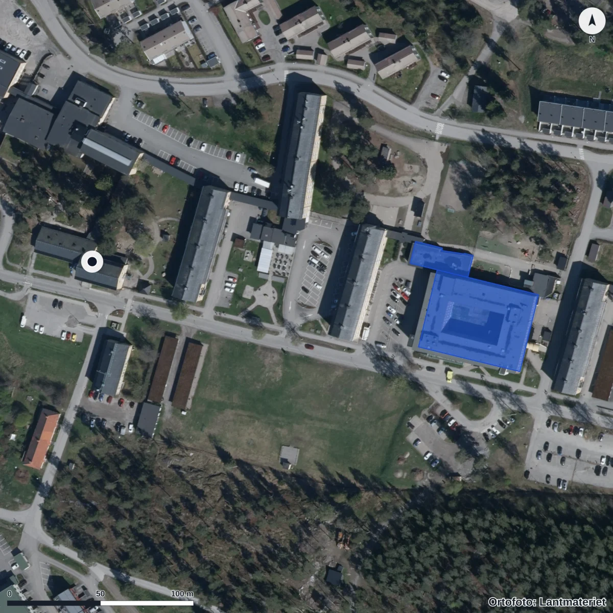 Flygbild över Förskolan Optimus, ortofoto från Lantmäteriet