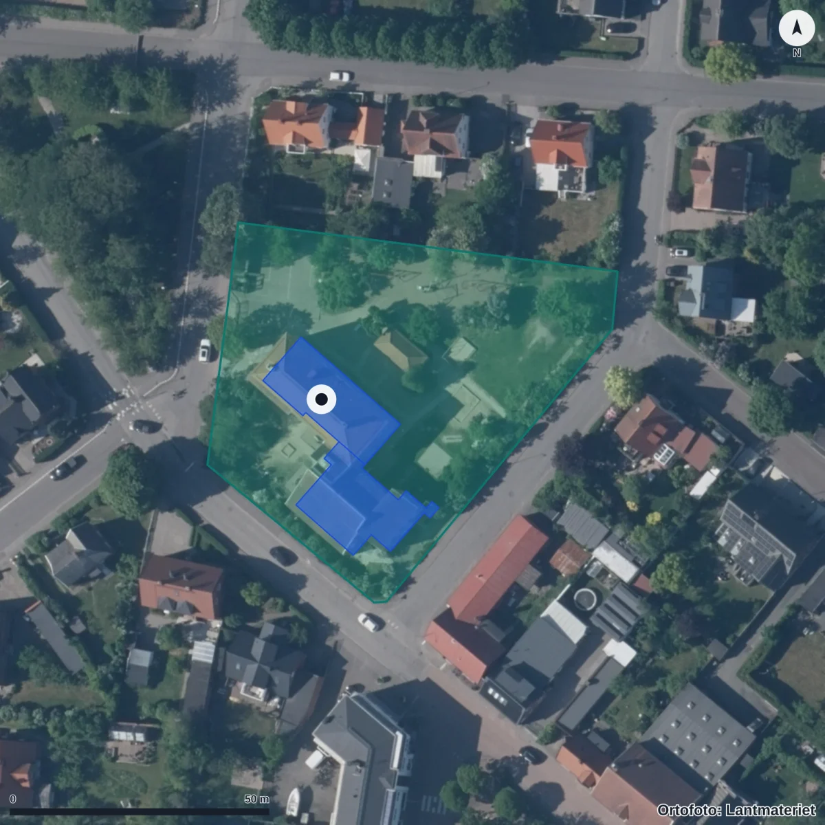 Flygbild över Frejaparkens Förskola, ortofoto från Lantmäteriet
