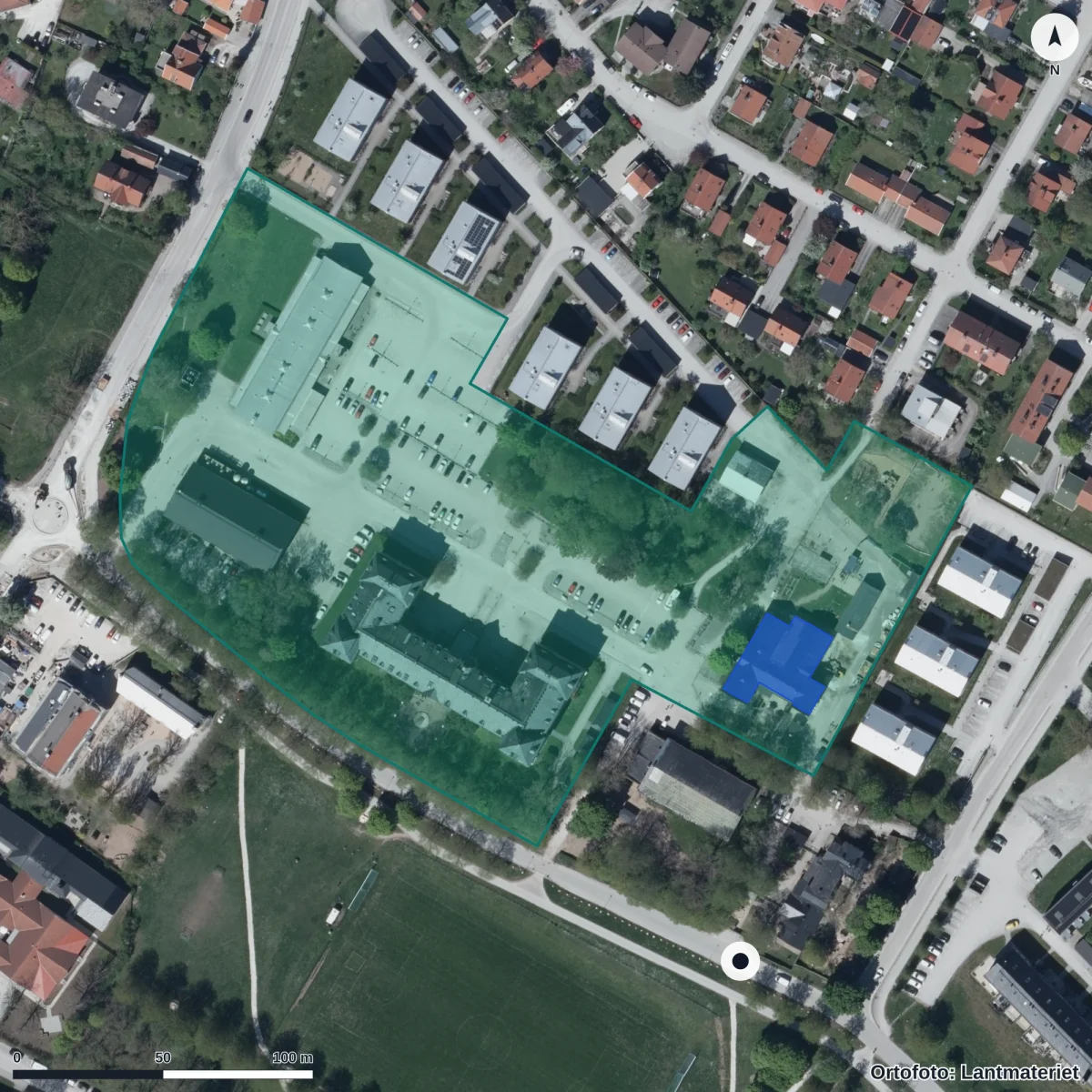 Aerial view of Barnträdgården Riddarsporren, orthophoto from Lantmäteriet