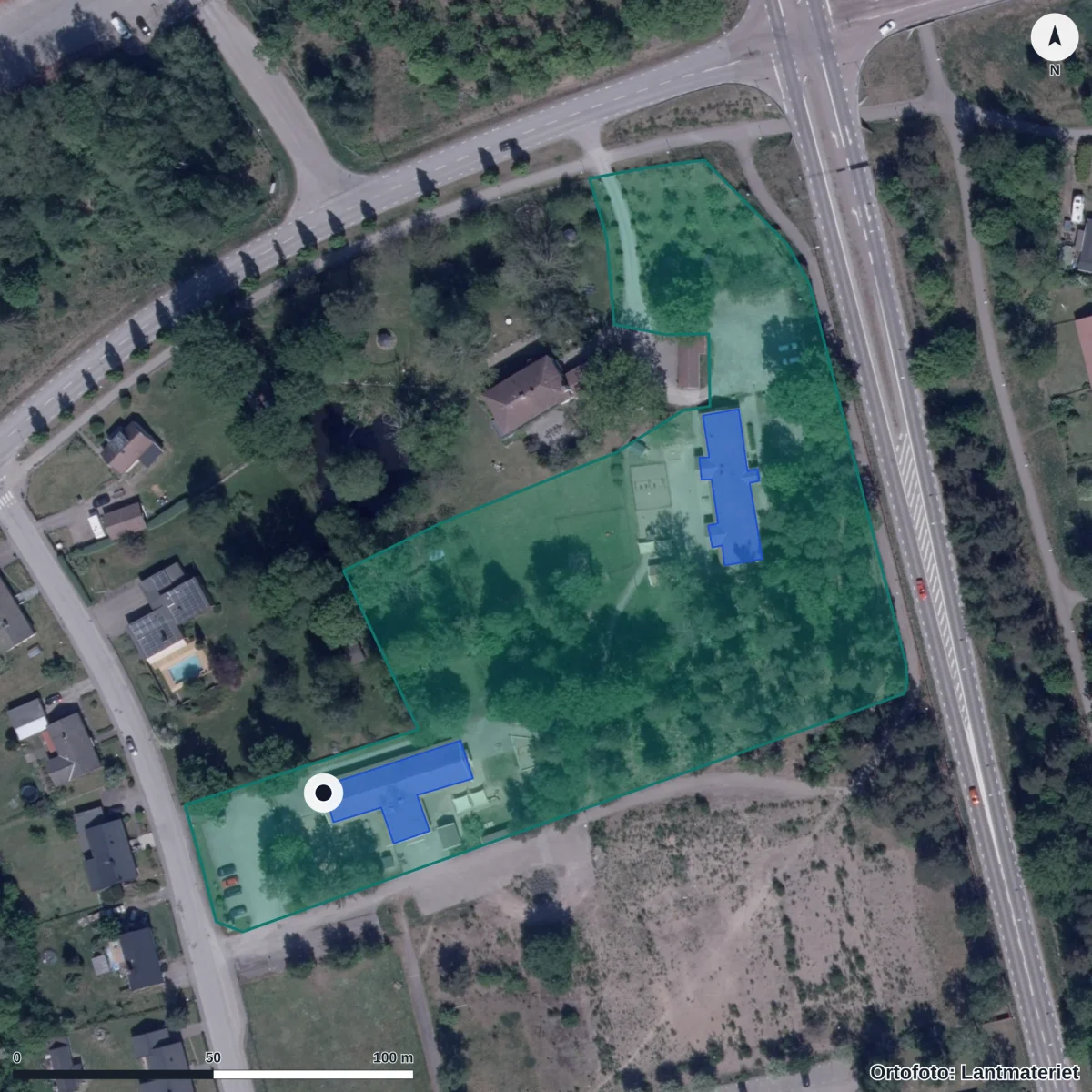 Flygbild över Gazellens Förskola, ortofoto från Lantmäteriet