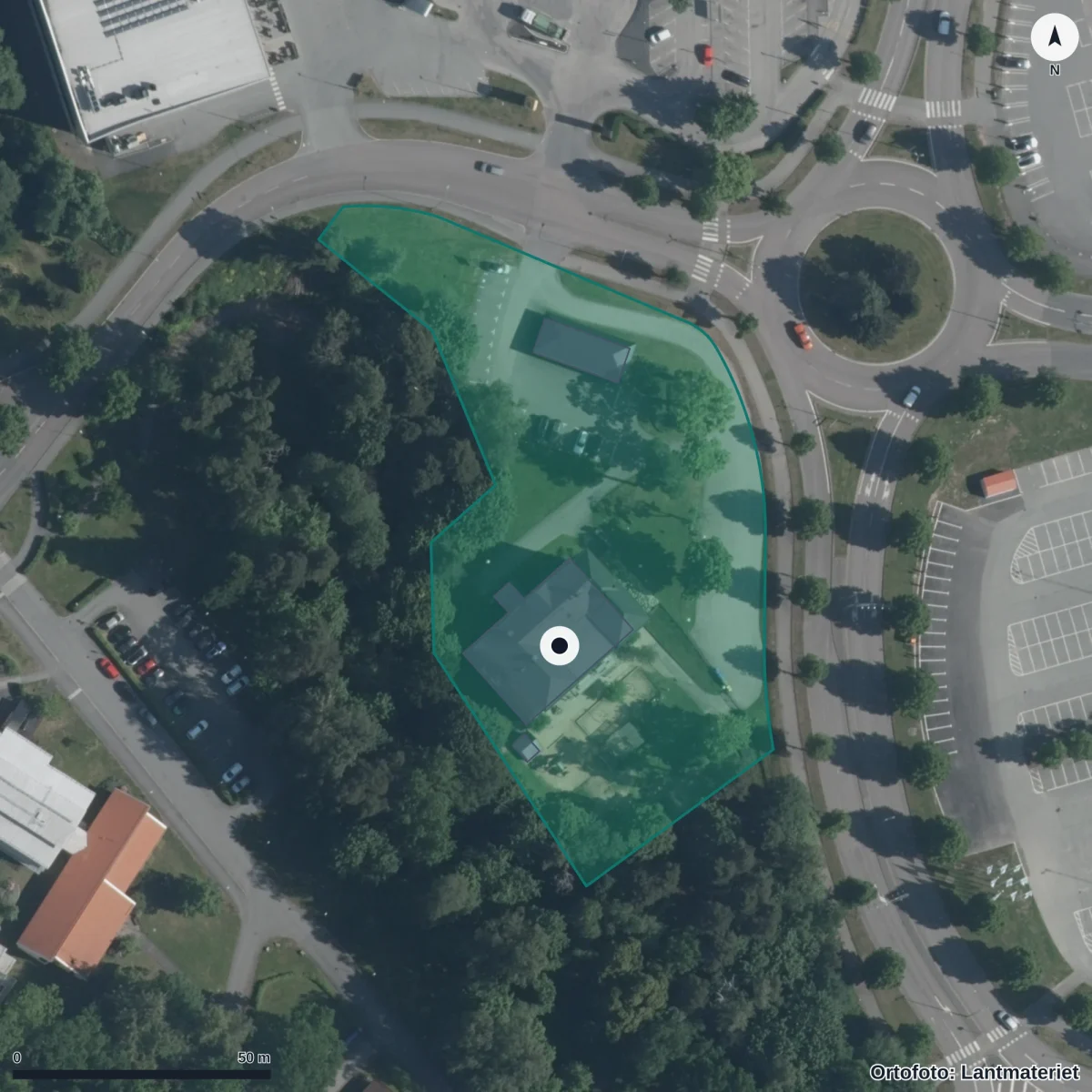 Flygbild över Rosa Tornet, ortofoto från Lantmäteriet
