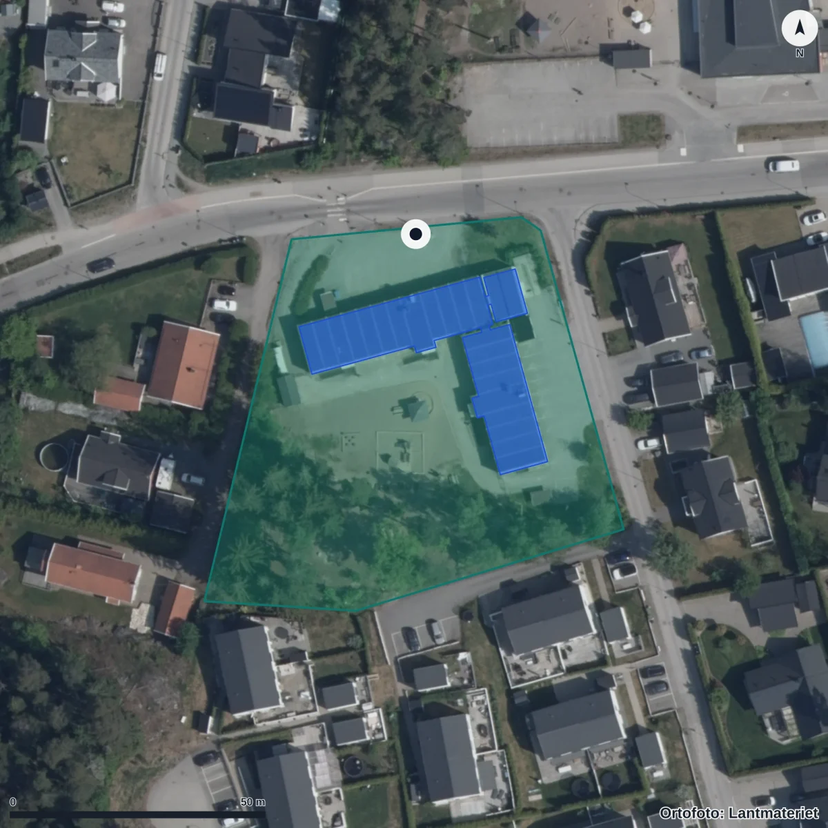 Flygbild över Talldalens Förskola, ortofoto från Lantmäteriet