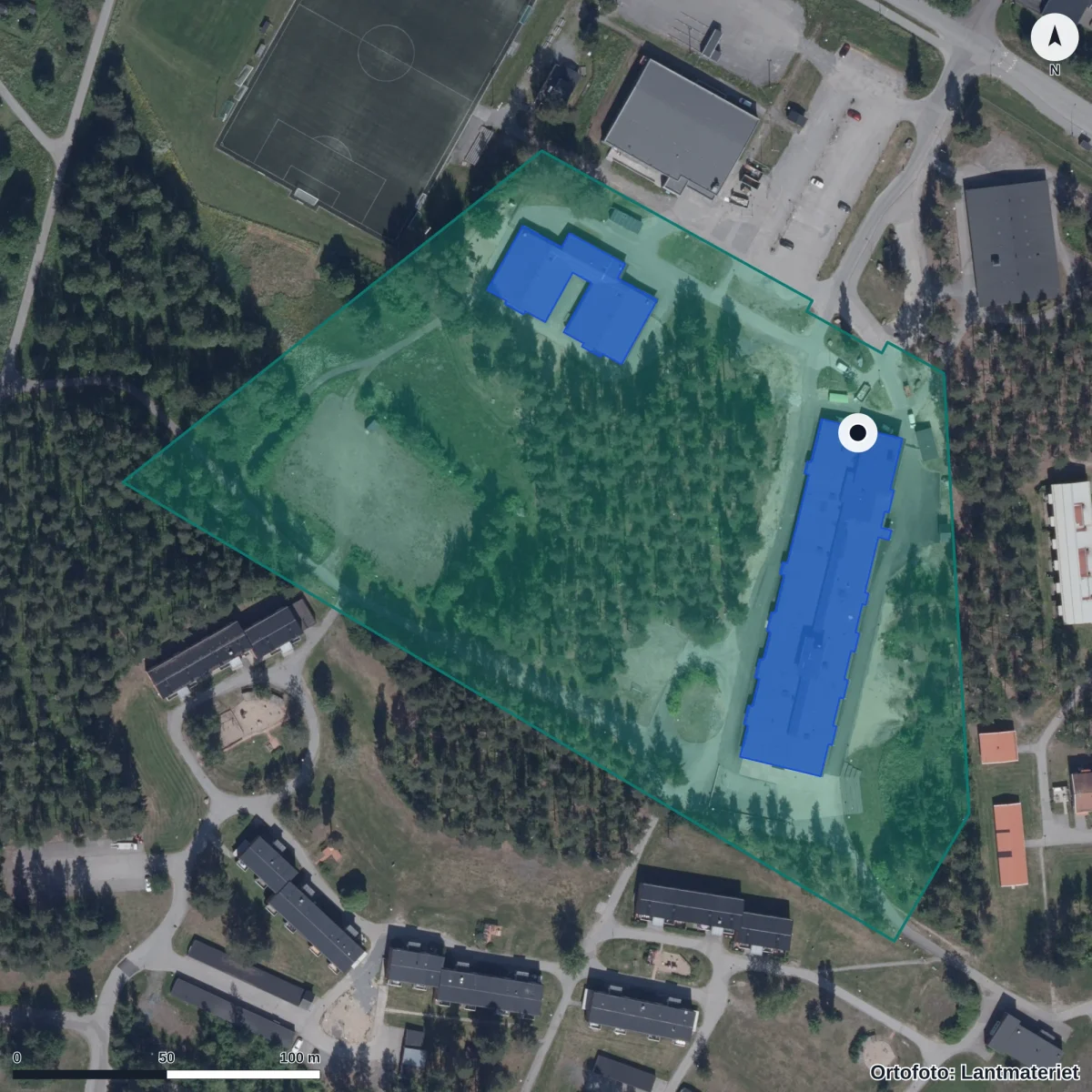 Flygbild över Tallbackens Förskola, ortofoto från Lantmäteriet
