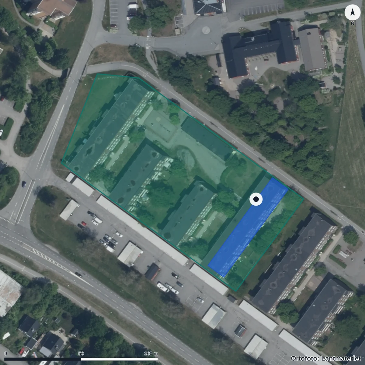 Flygbild över Fjärilens Förskola, ortofoto från Lantmäteriet
