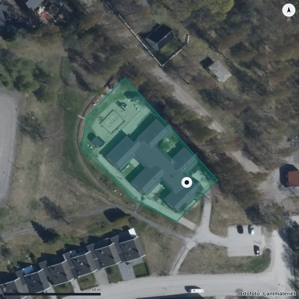 Flygbild över Murbergets Förskola, ortofoto från Lantmäteriet
