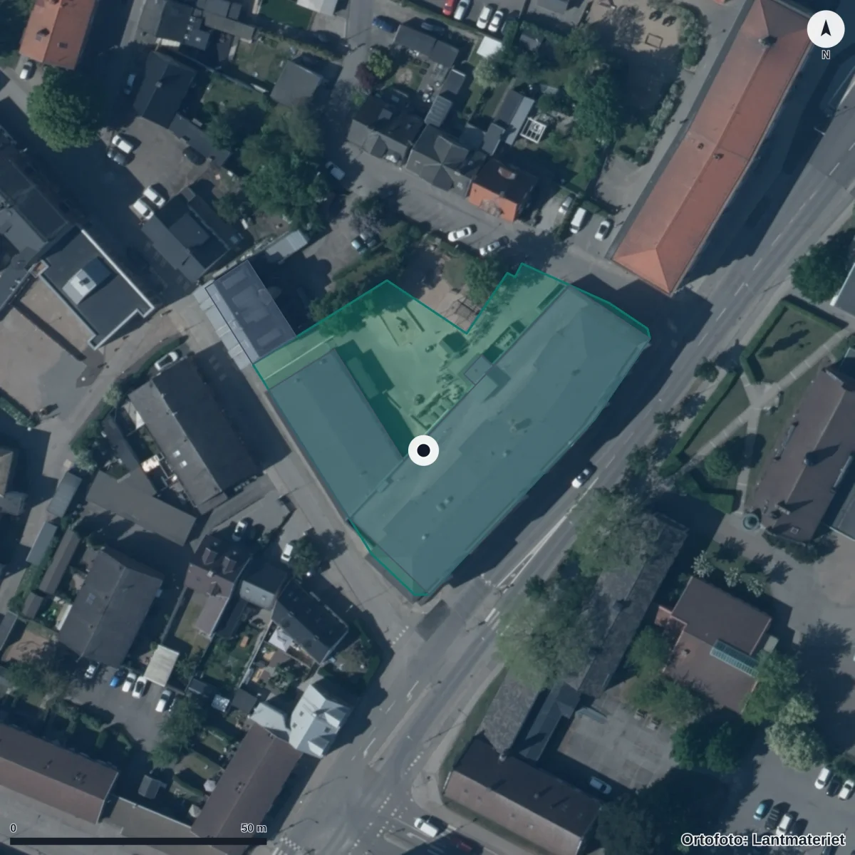 Flygbild över Näktergalens Förskola, ortofoto från Lantmäteriet