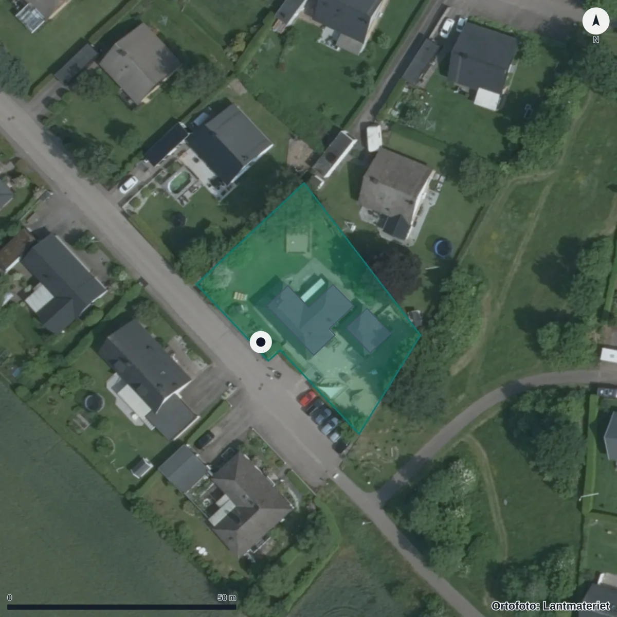 Flygbild över Sandrosens Förskola, ortofoto från Lantmäteriet