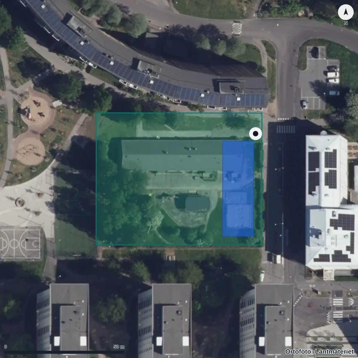 Aerial view of Tellusgatan 4 Förskola, orthophoto from Lantmäteriet